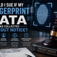Should I Sue If My Fingerprint Data Was Collected Without Notice? Poster asks if you should sue over fingerprint data collected without notice, with a fingerprint scan and a gavel on a dark background.