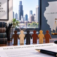 Courtroom desk with legal books labeled Employment Law and Equal Opportunity, plus a row of diverse paper figures and a scales of justice symbol—conveying equality in the workplace.