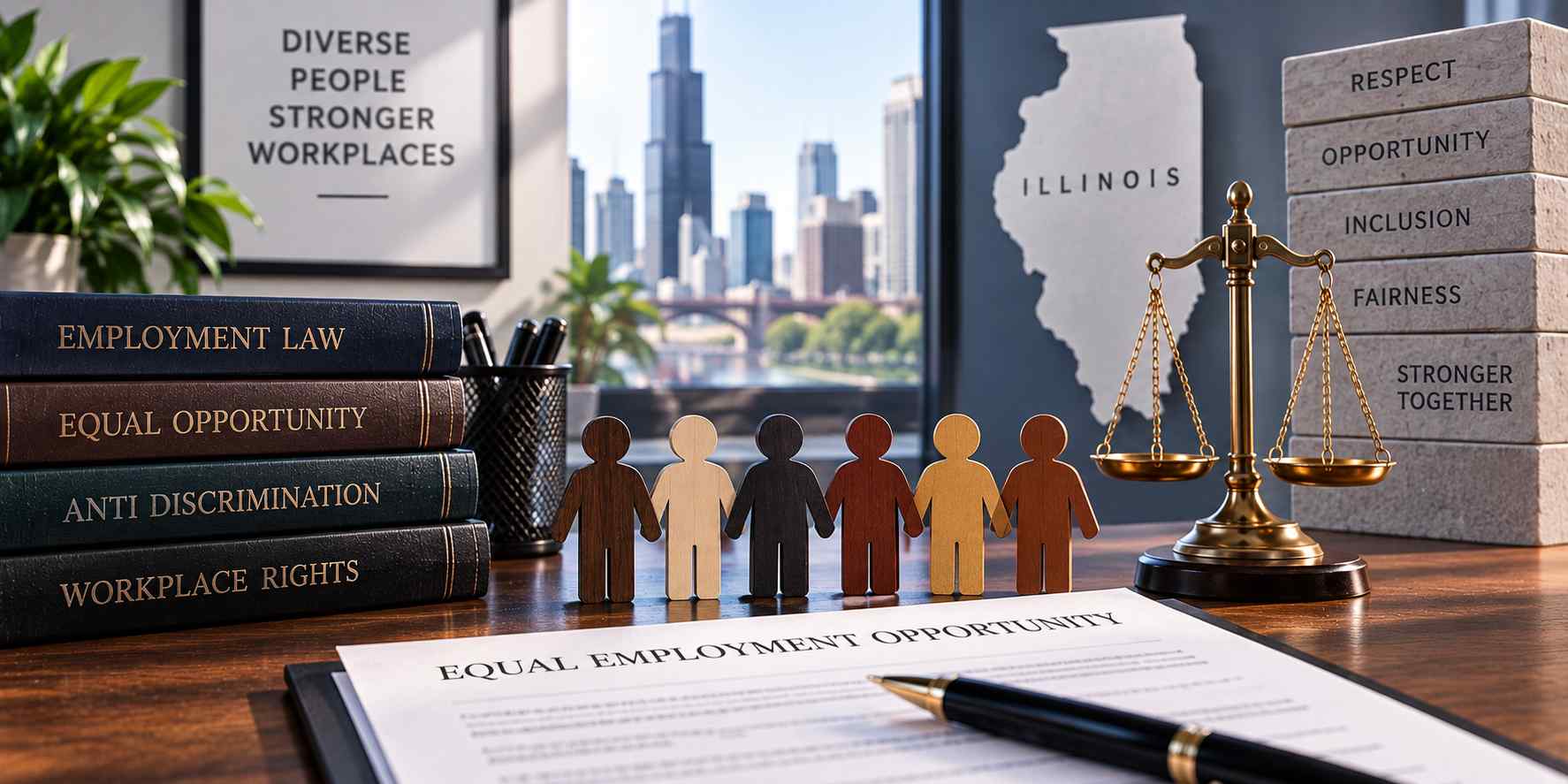 Courtroom desk with legal books labeled Employment Law and Equal Opportunity, plus a row of diverse paper figures and a scales of justice symbol—conveying equality in the workplace.