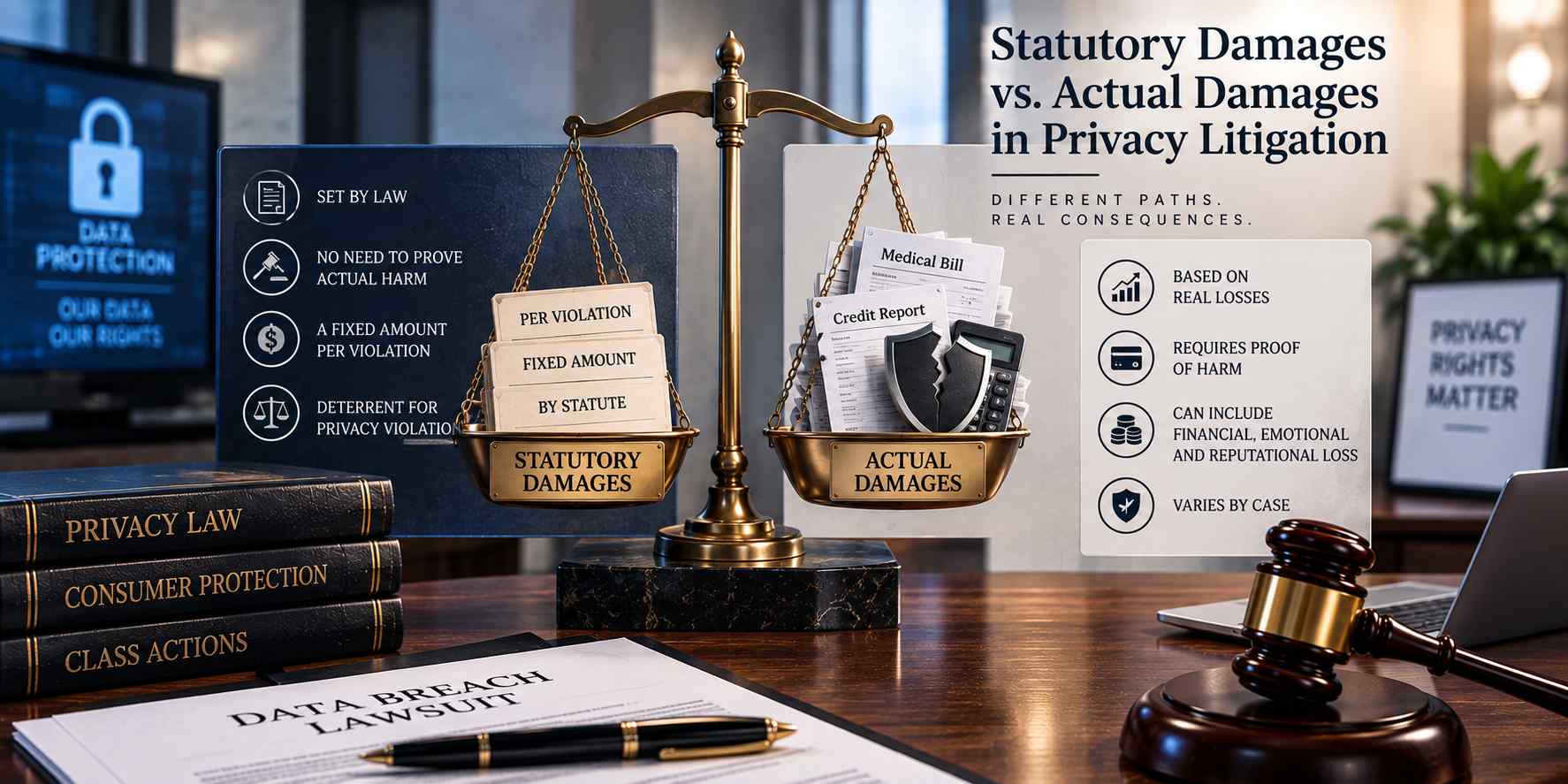 Our cybercrime and privacy victim litigation attorneys explains Statutory Damages Vs. Actual Damages In Privacy Litigation.